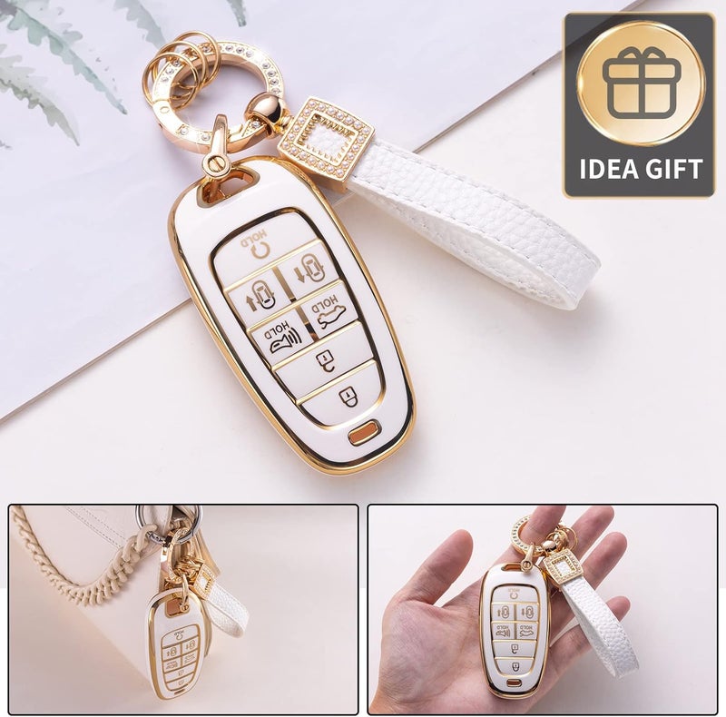 CACARLIKE for Hyundai Key Fob Cover with Leather Lanyard, Car Key Fob Case Compatible with 2023 2022 2021 2020 Hyundai Sonata Santa fe Tucson Smart Key Protector Holder - Image 3